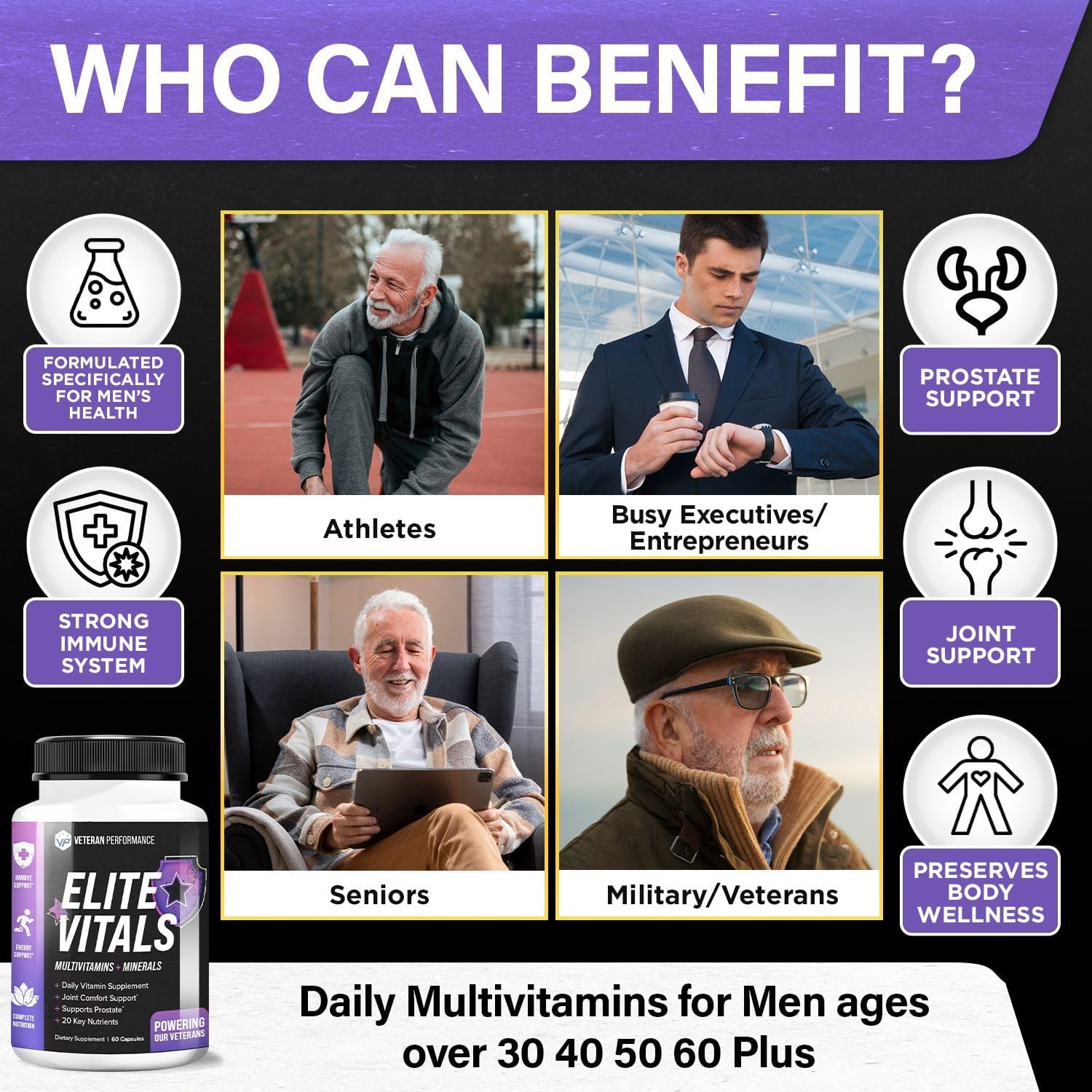 Veteran Performance Elite Vitals – Men's Daily Multivitamin for Energy, Immunity & Hormonal Suppo
